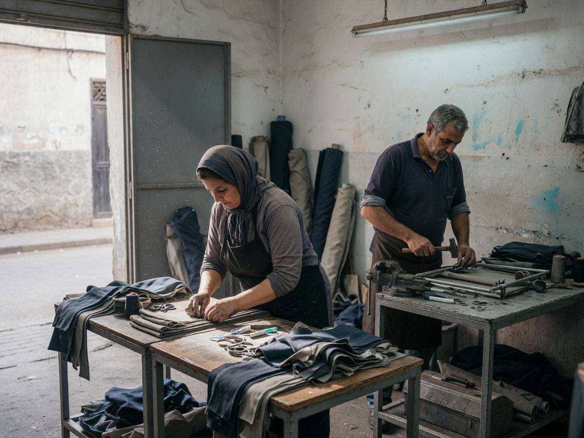 Two Moroccan garment workers in their workshop