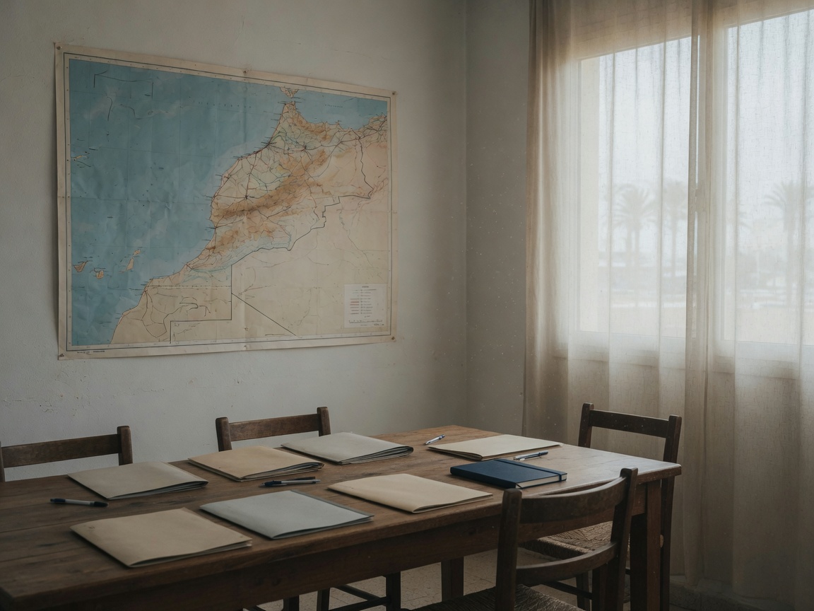 A meeting table in front of a map of Morocco