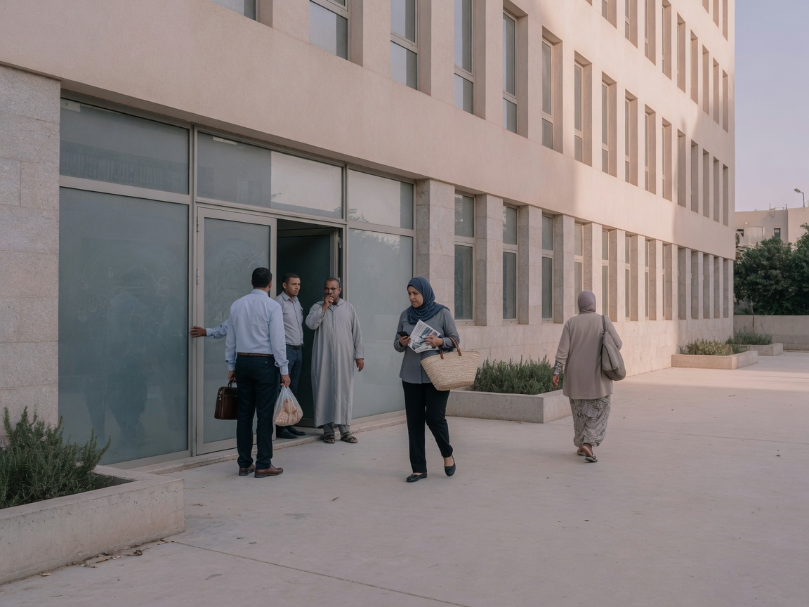 People outside a contemporary public building in Morocco